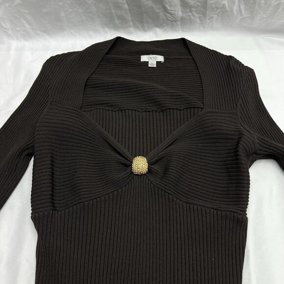 Y2K Cache Brown Ribbed Sweetheart Top Stretchy Knit Rhinestones Size Large - Picture 4 of 9